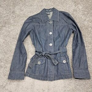 French Cuff Womens Blue Denim Safari Utility Jacket Belted Dark Wash Medium